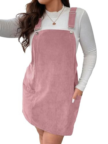 WDIRARA Women's Plus Size Corduroy Sleeveless Short Pinafore Overall Dress with Pocket Pink 2XL | Amazon (US)