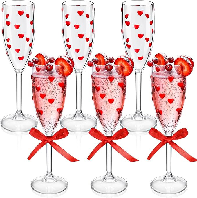 FoldTier 6 Pack Valentines Day Heart Shaped Champagne Flutes 6.5 oz Clear Red Hearts Plastic Cham... | Amazon (US)
