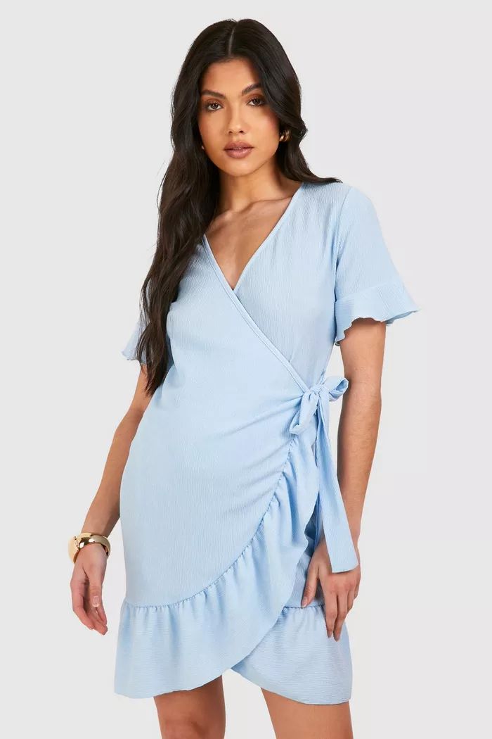 Maternity Textured Wrap Frill Mini Dress | boohoo (US & Canada)