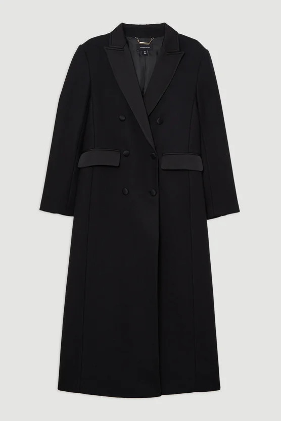 Premium Italian Manteco Wool Satin Collar Double Breasted Tailored Maxi Coat | Karen Millen UK + IE + DE + NL