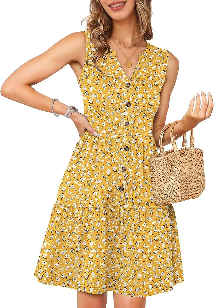 MOLERANI Women Summer Casual Sleeveless Sundress 2026 V Neck Beach Vacation Tiered Dress Button M... | Amazon (US)