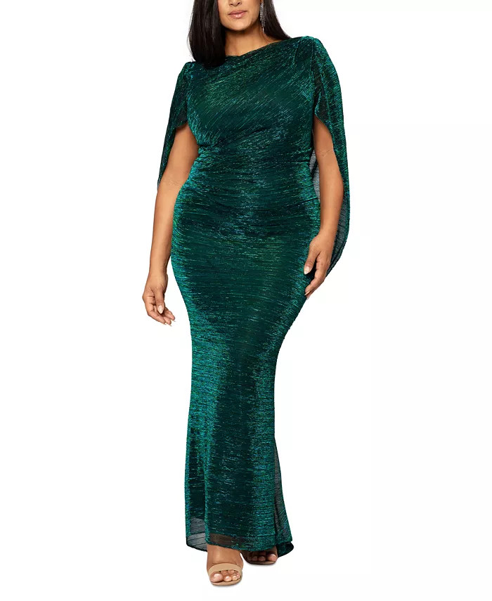 Plus Size Scoop-Neck Glitter Cape Sheath Gown | Macys (US)