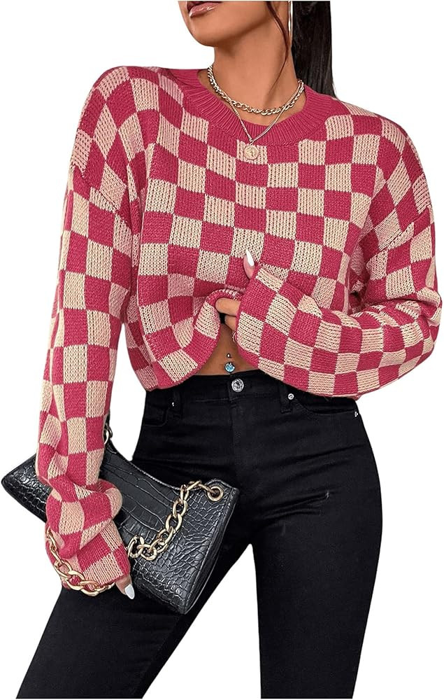 SOLY HUX Women's Checkered Sweater Long Sleeve Ribbed Knit Drop Shoulder Pullover Crop Tops | Amazon (US)