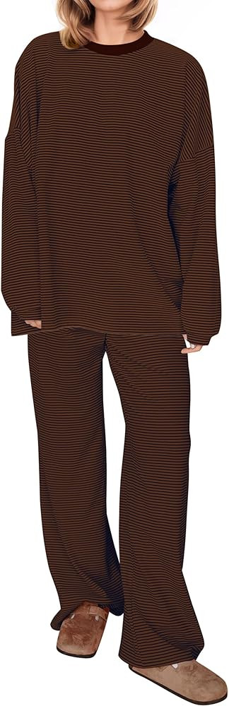 Women Striped 2 Piece Lounge Set Long Sleeve Oversized T Shirts Wide Leg Pants Matching Sets Casu... | Amazon (US)