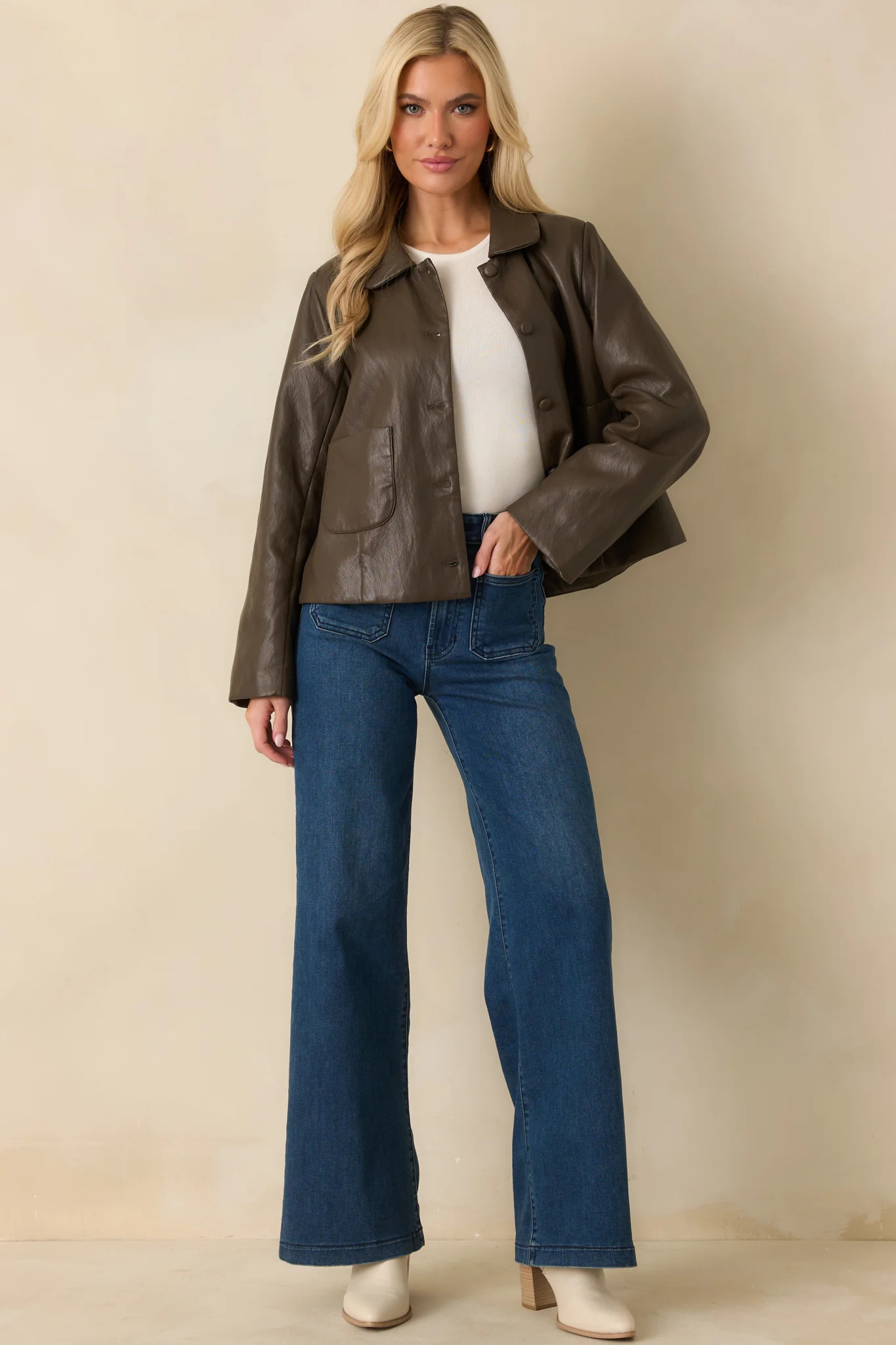 City Limits Chocolate Brown Faux Leather Button Up Jacket | Red Dress