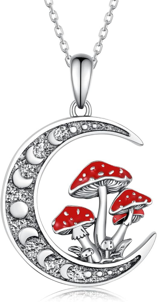 Moon Mushroom Necklace for Women,925 Sterling Silver Magical Red Mushroom Pendant Moon Phase Neck... | Amazon (US)