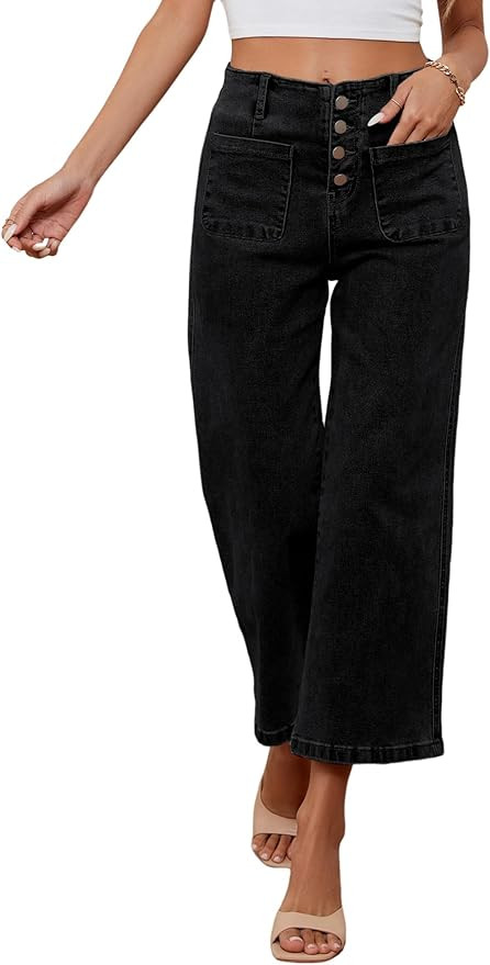 Omoone High Waisted Jeans for Women Straight Wide Leg Stretchy Loose Denim Pants with Pockets | Amazon (US)