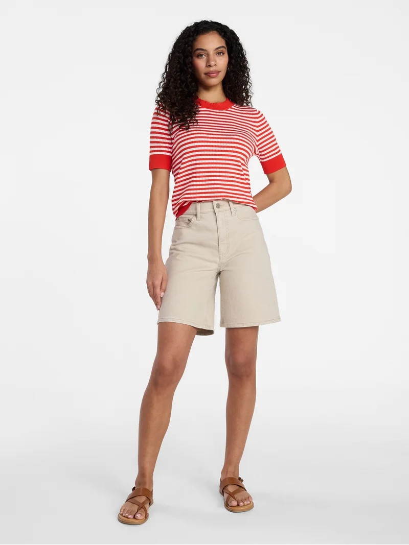 Time and Tru Women's Striped Pointelle Sweater with Short Sleeves, Lightweight, Sizes XS – XXXL | Walmart (US)
