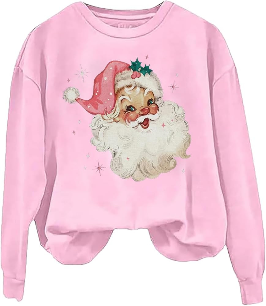 MYCHTE Retro Pink Santa Christmas Sweatshirt Women Vintage Santa Claus Graphic Tee Casual Long Sl... | Amazon (US)