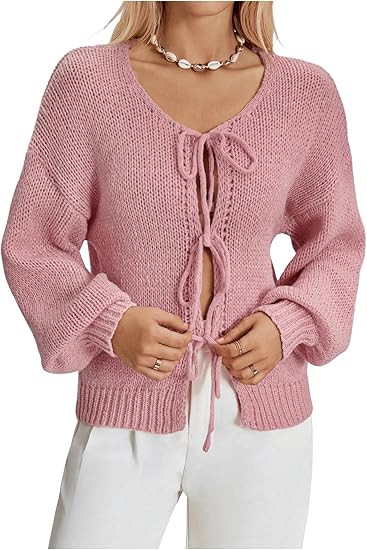 Verdusa Women's Bow Tie Front Bishop Long Sleeve V Neck Knitted Cardigan Sweater | Amazon (US)