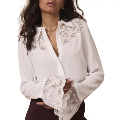 MINT VELVET Embroidered Lace Trim Blouse in Cream at Nordstrom, Size Large | Nordstrom