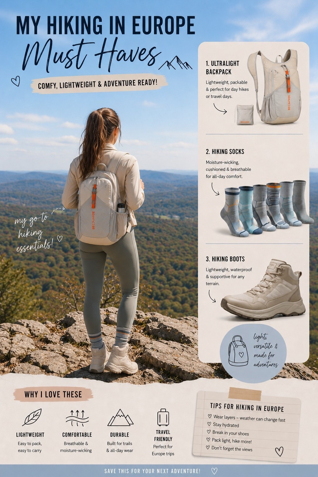 3 Hiking Essentials I’m Packing for Austria 🇦🇹

Getting ready for Austria and making sure I’m packed for mountain views, long hikes, and all-day exploring. These are the pieces I’m bringing that are lightweight, comfortable, and easy to pack:

🤍 Packable hiking backpack
🤍 Moisture-wicking hiking socks
🤍 Waterproof hiking boots

The Alps are calling, and I’m trying to pack smart without overpacking. If you’re planning a Europe trip this summer, these essentials are definitely making the cut for me!

Which destination should I add to my Europe bucket list next? ✈️🏔️

#LTKTravel #EuropeTravel #AustriaTravel #HikingGear #TravelEssentials #HikingInEurope #TravelMustHaves #AdventureTravel #PackWithMe #TravelStyle #MountainViews #TravelCreator #LTKFinds #SummerTravel #Alps

#LTKSeasonal #LTKTravel #LTKdayinmylife
