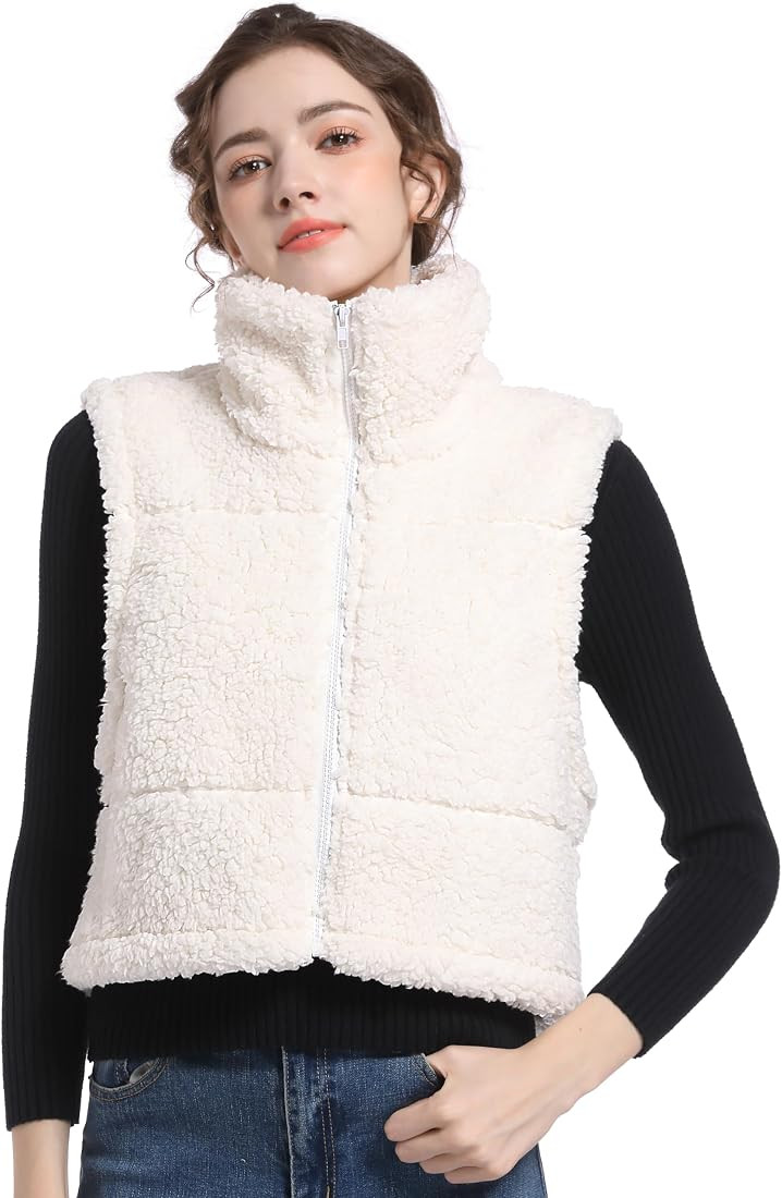 V VOCNI Womens Sherpa Fleece Vest Fuzzy Crop Vest Casual Sleeveless Jacket Zipper Waistcoat Outwe... | Amazon (US)