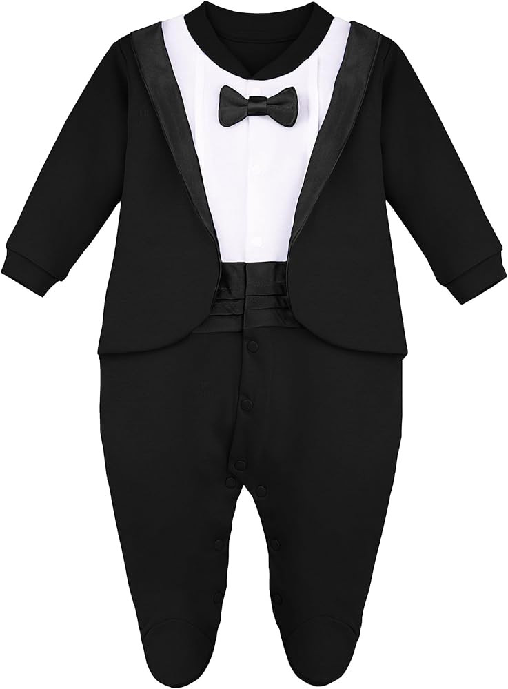 Lilax Baby Boy Gentleman Tuxedo Footie Christmas Holiday Outfit with Bow Tie | Amazon (US)