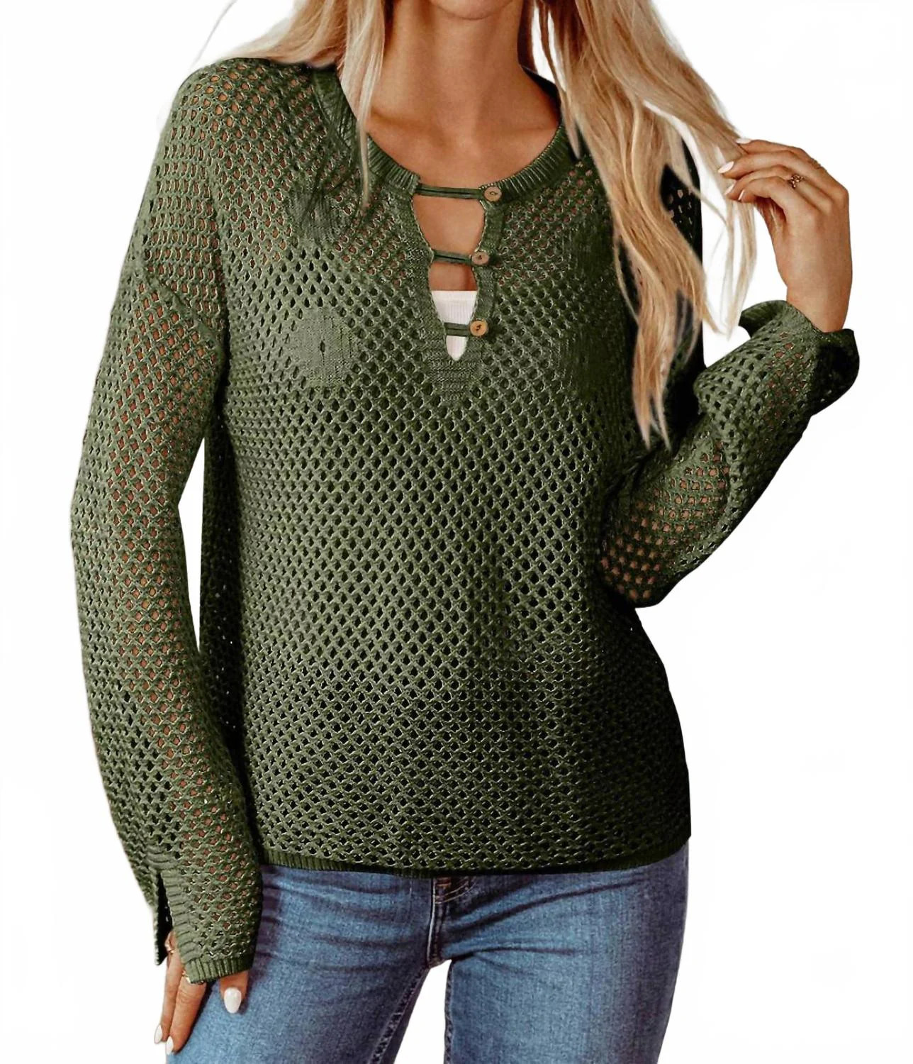 Open Knit Buttoned Neck Split Sleeve Sweater In Green | Shop Simon