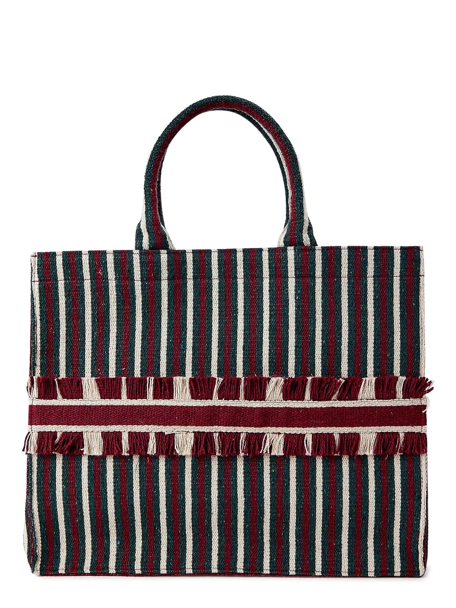 Time and Tru Women's Large Woven Tote Bag Green Burgundy | Walmart (US)