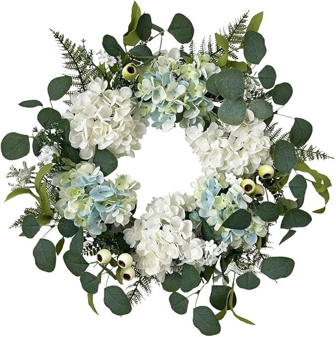 Floralies Handmade Hydrangea Wreath 20 Inches Blue White Artificial Spring Summer Farmhouse Flora... | Amazon (US)