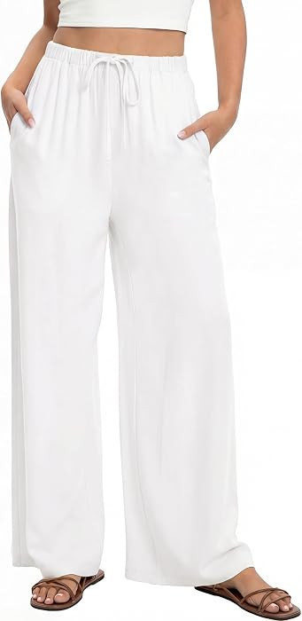 HONGTEYA Linen Pants for Women Wide Leg Palazzo Trousers Cotton Flowy Pants with Pockets for Summ... | Amazon (US)