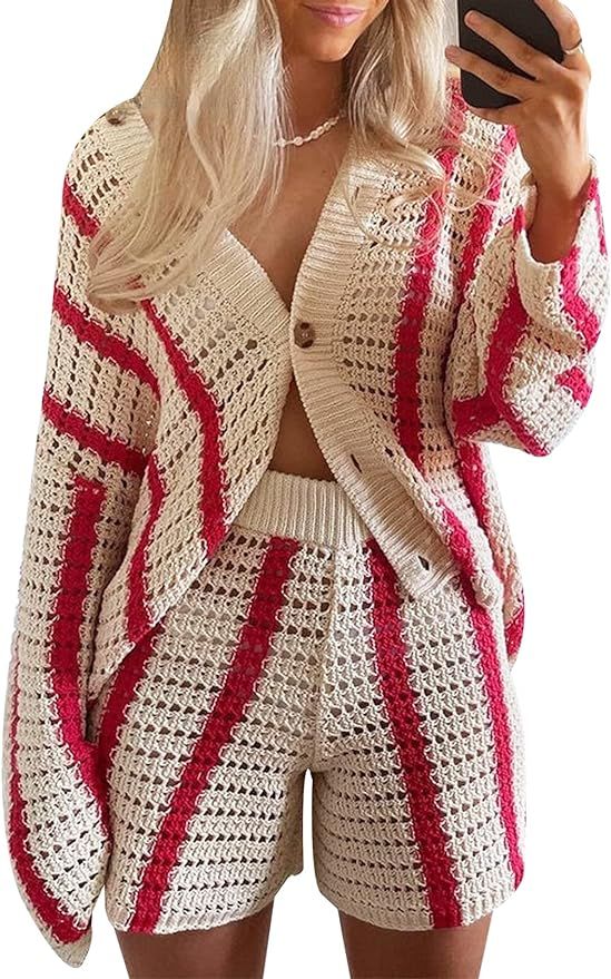 Gihuo Women' s Y2K 2 Piece Knit Outfits Striped Sweater Shorts Set Color Block Long Sleeve Button... | Amazon (US)