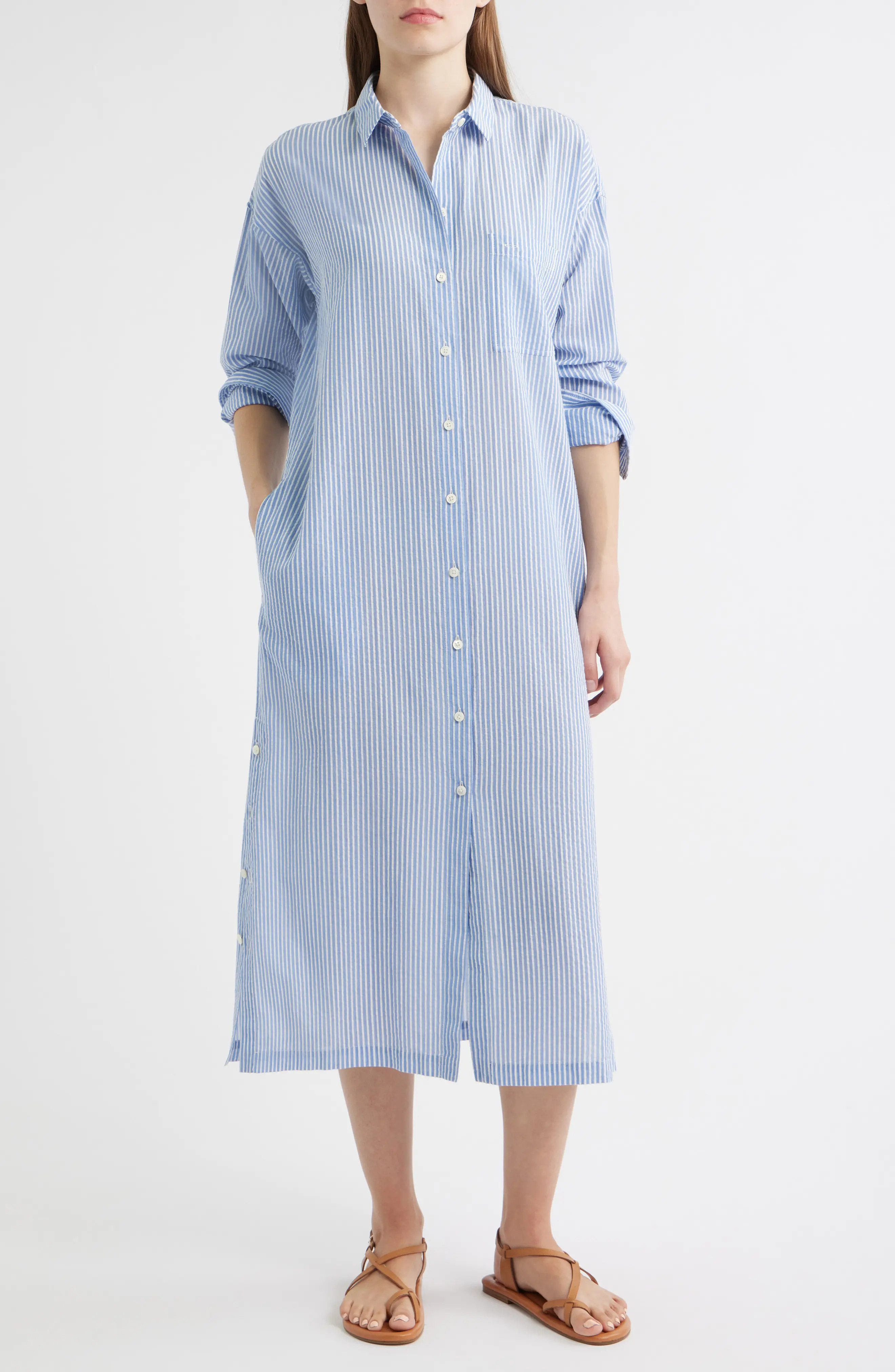 Kerry Stripe Long Sleeve Cotton Seersucker Midi Shirtdress (Women) | Nordstrom | Nordstrom