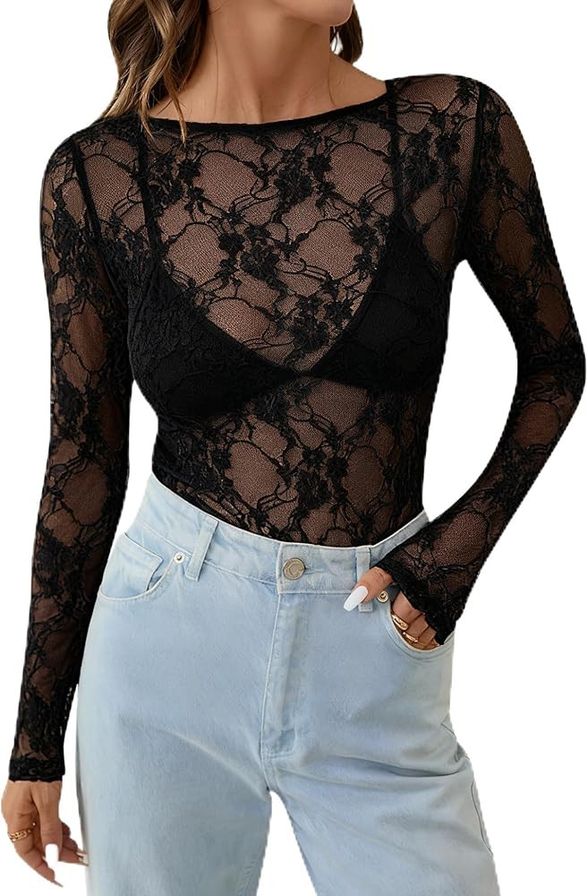 KTILG Womens Lace Long Sleeve Boat Neck Tops Sheer Blouse Sexy See Through Shirt Mesh Top S-XXL | Amazon (US)