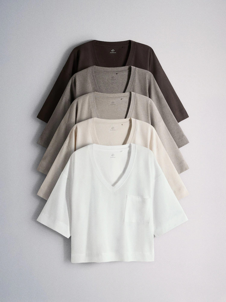 The Set 5 Pack V-Neck Essential Pocket T-Shirts Brown/Neutral/Taupe/White | Next US