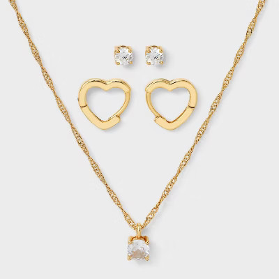14K Gold Dipped Cubic Zirconia Bezel Necklace and Huggie Stud Earring Set 3pc - A New Day™ Gold | Target