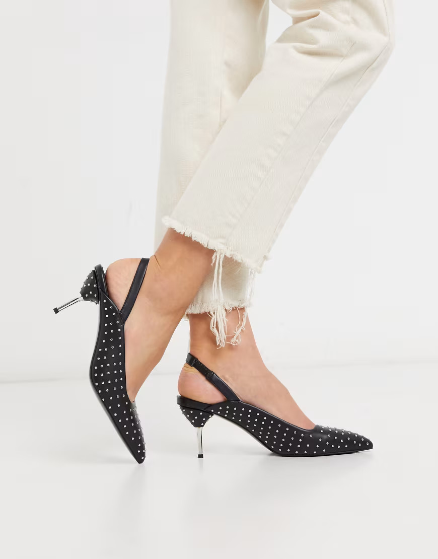 ASOS DESIGN Sascha slingback studded kitten heels in black | ASOS (Global)