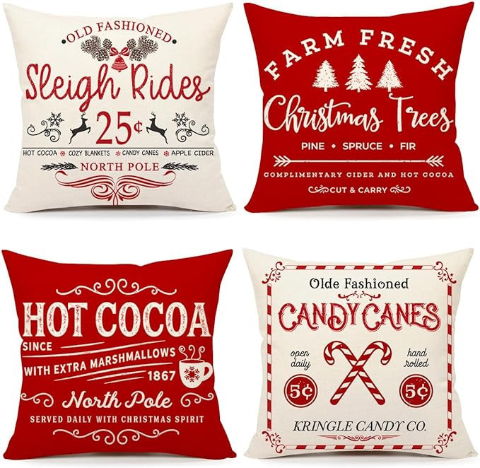 Farmhouse Christmas Pillow Covers 18x18 Set of 4 Winter Holiday Decorations Xmas Red White Rustic... | Amazon (US)