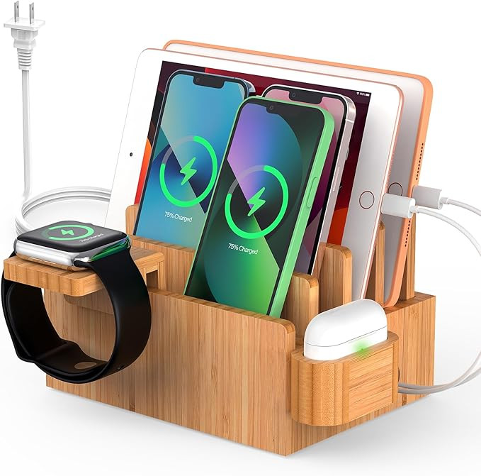 Pezin & Hulin Bamboo Charging Station for Multiple Devices with 5 Port USB Charger, 5 Cables, Wat... | Amazon (US)