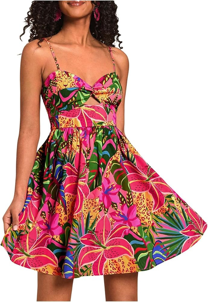 Floerns Women's Summer Floral Cami Beach Dress Cut Out Spaghetti Strap Flared Beach Dresses | Amazon (US)