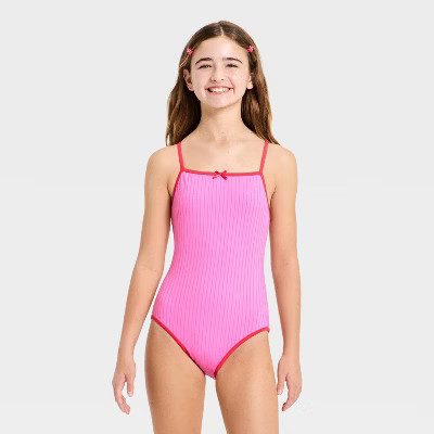 Girls' Sweet Ribbed Solid One Piece Swimsuit - art class™ Pink XL | Target