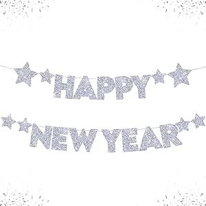 KatchOn, Glitter Happy New Year Banner Silver - Pre-Strung, 10 Feet - No DIY | Happy New Year Sig... | Amazon (US)