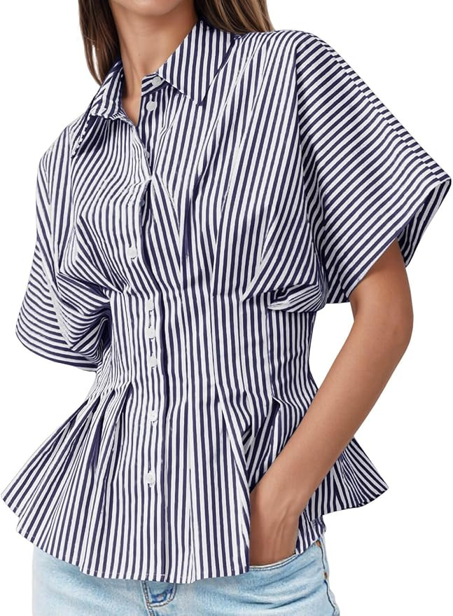 Tankaneo Womens Striped Peplum Button Down Shirts Short Sleeve Pleated Tops Summer Business Casua... | Amazon (US)