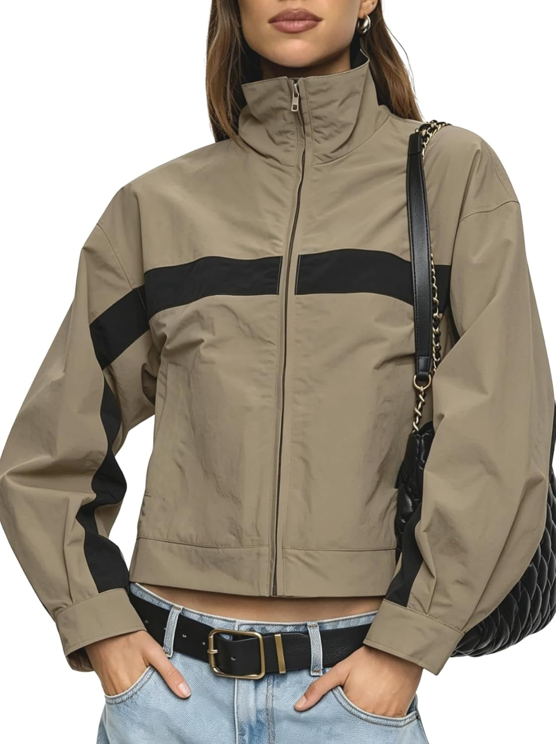 happlan Women's Stand Collar Color Block Lightweight Windbreaker Jacket | Amazon (US)