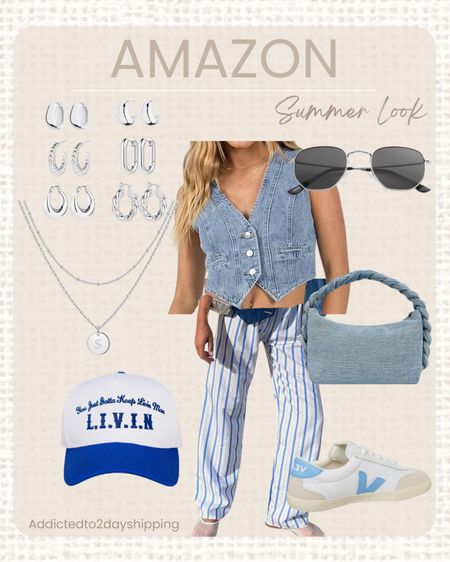 AMAZON- summer outfit idea
Loving this trendy casual look for summer. I paired these stripe free people look for less boxer shorts pants with a button down v-neck denim vest, veja blue and white sneakers, a blue and white trucker hat, a denim handbag, silver hoop earrings, a silver dainty two layered initial necklace and silver and black round sunglasses!



#LTKFindsUnder100 #LTKStyleTip #LTKFindsUnder50
