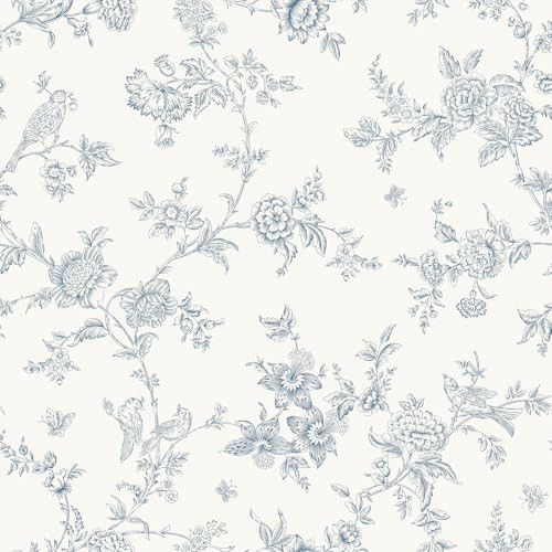 VEELIKE Cottage Blue Toile Wallpaper Peel and Stick Vintage Chinoiserie Birds Floral Wallpaper for Bedroom Bathroom 17.7''x354'' Self Adhesive Floral Wall Paper Contact Paper for Cabinets Shelves | Amazon (US)