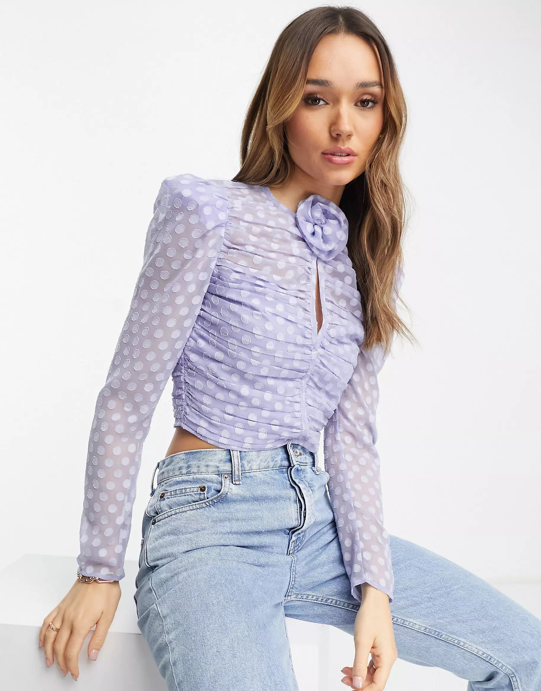 ASOS DESIGN keyhole textured blouse with corsage detail in baby blue | ASOS (Global)