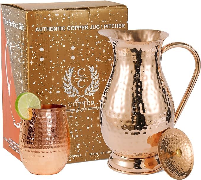 Pure Copper Water Jug with a Lid 70 Oz with a Pure Copper Hammered Glass Tumbler 12 Oz, Copper Pi... | Amazon (US)