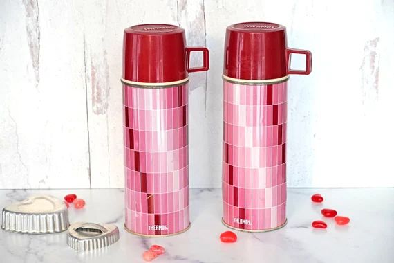 Vintage 1971 Pink and Maroon Rectangles Metal Thermos Bottles | Etsy | Etsy (US)