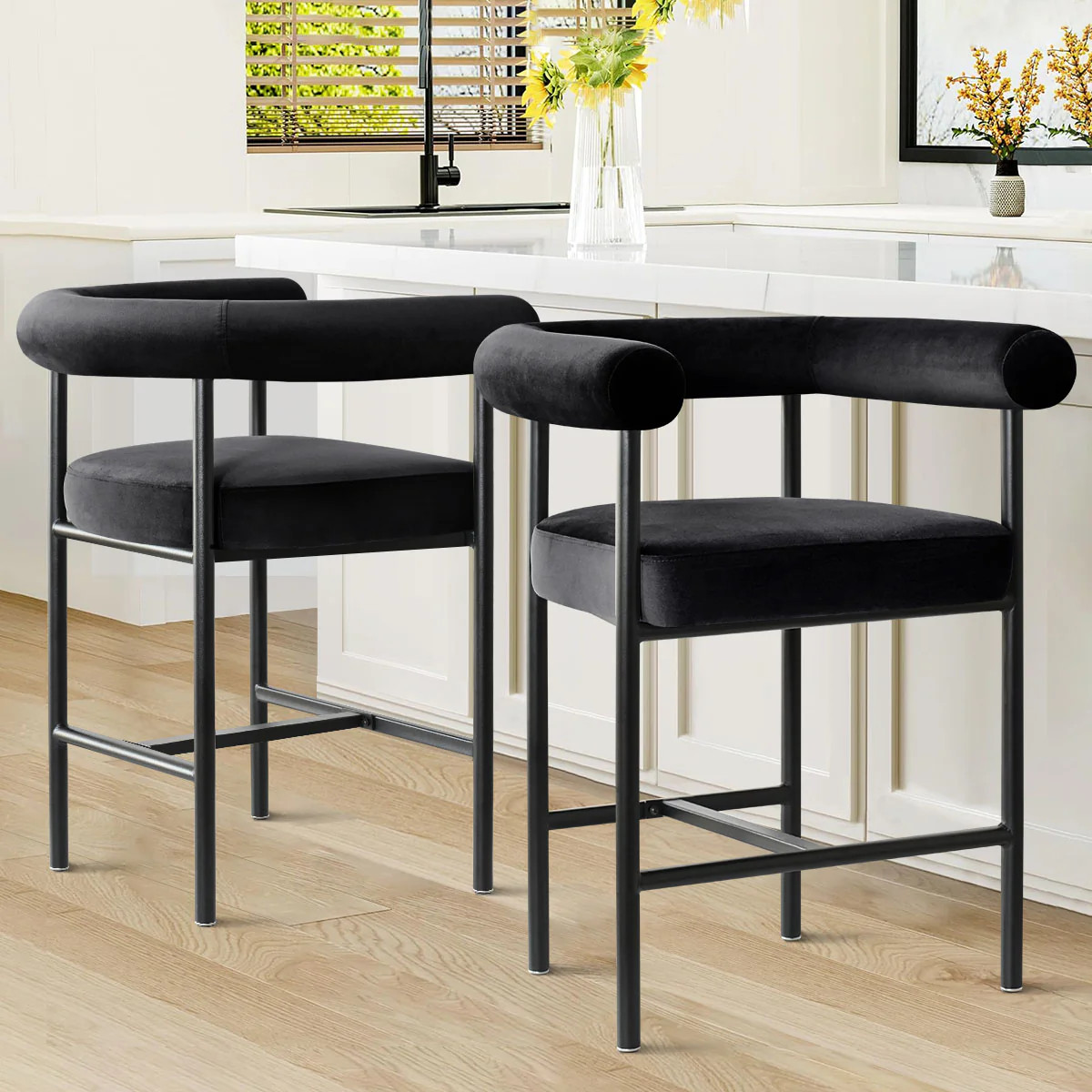 New York 24" Velvet Counter Stool with Arms (1-Piece) | Pop Maison