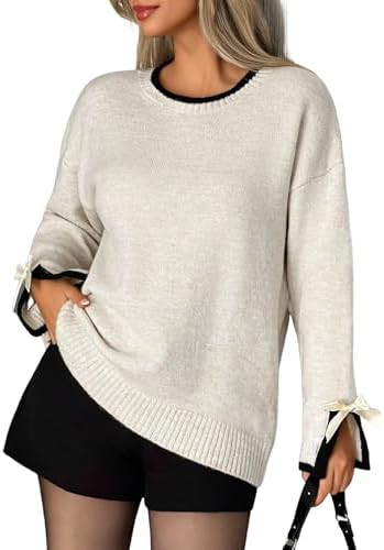 ZAFUL Women's Crewneck Bow Flare Sleeve Cozy Sweaters Elegant Contrast Trim Trendy Pullover Knit ... | Amazon (US)