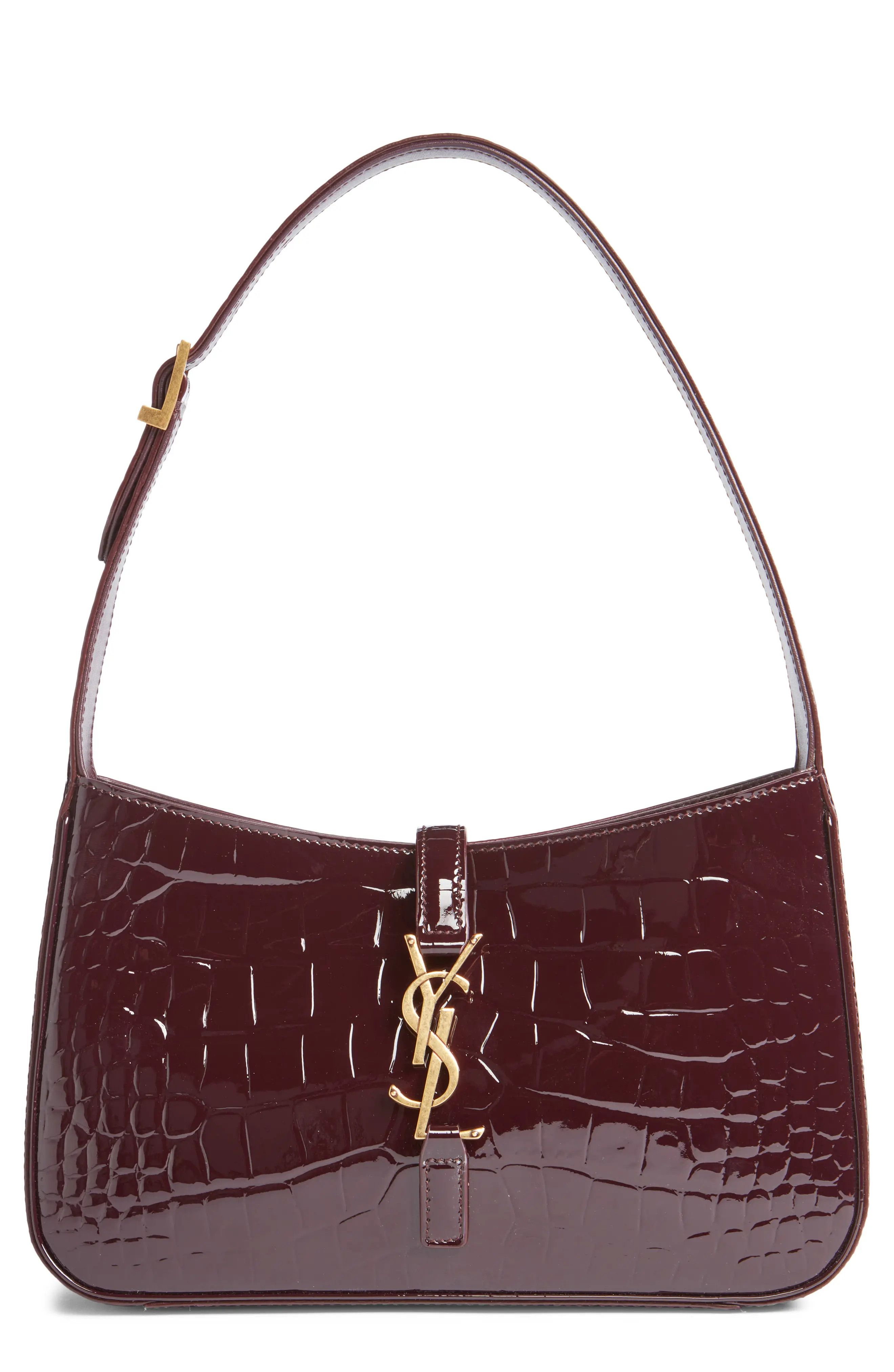 Saint Laurent Le 5 à 7 Croc Embossed Patent Leather Shoulder Bag in Dark Aubergine at Nordstrom | Nordstrom