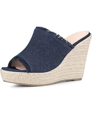 Perphy Womens Espadrilles Wedge Open Toe Denim Wedge Blue Jean Shoes Slip on Slide Mules Sandals | Amazon (US)