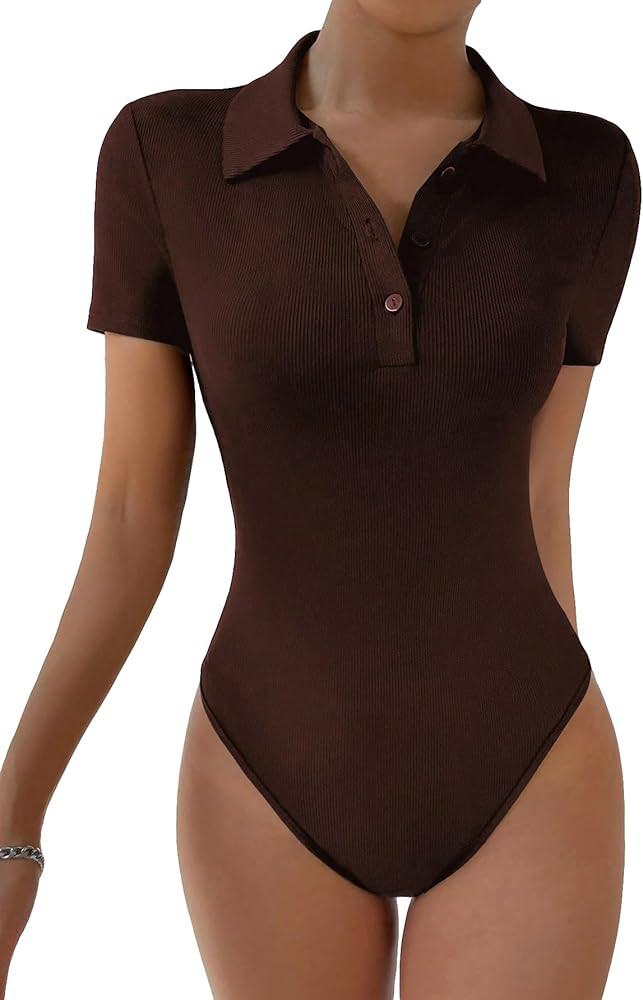 SweatyRocks Camiseta de manga corta para mujer, cuello de medio botón, de punto acanalado, ajust... | Amazon (US)