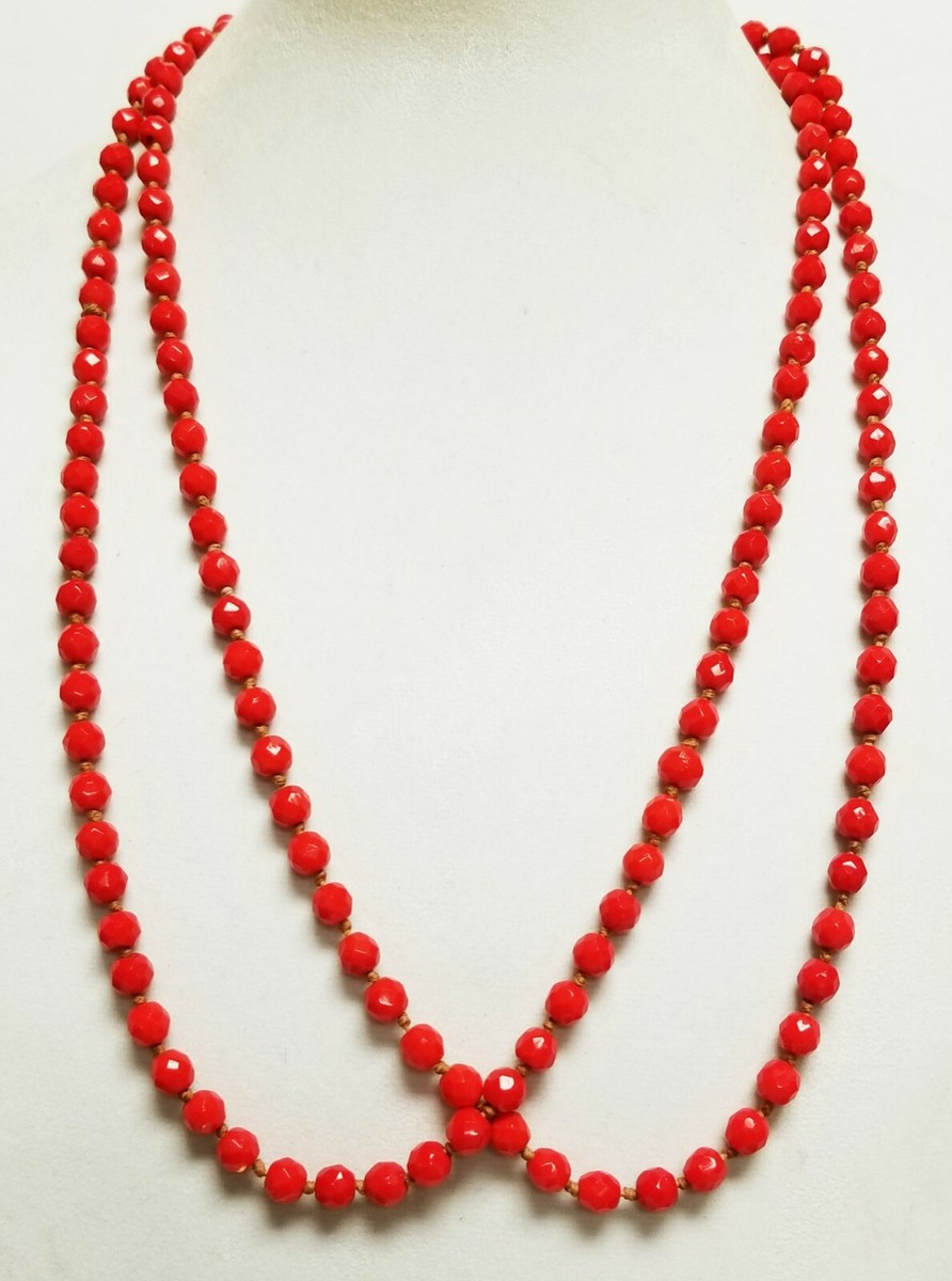 Vintage CZECH Deco Bright Red 8mm Glass Bead Strand Necklace 60" Flapper Length | eBay US