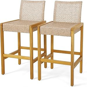 Tangkula Patio Wood Barstools Set of 2, PE Rattan Bar Height Chairs with Backrest, Stable Metal F... | Amazon (US)