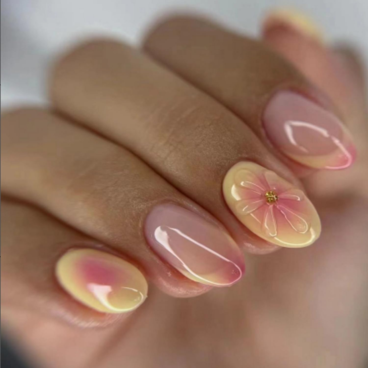 French Tip Almond Shaped Press on Nails Short False Nails with Embossed Design Pink Yellow Gradie... | Amazon (US)
