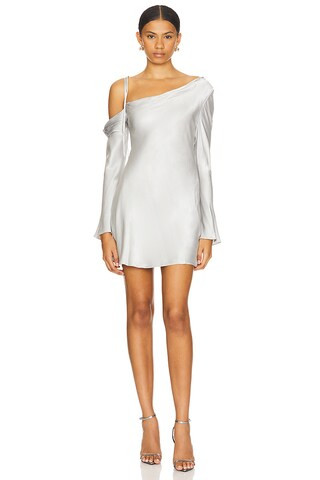 Shona Joy Sofia Asymmetrical Long Sleeve Mini Dress in Silver from Revolve.com | Revolve Clothing (Global)