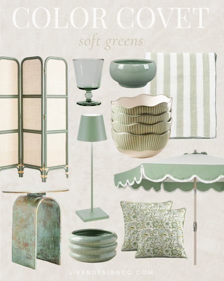 Soft green decor. Home decor. Sage green. Pale green. Light green. Green planter. Green turquoise table. Room divider. Wavy bowls. Dinnerware. Kitchen decor. Green scallop patio umbrella. Outdoor decor. Striped tablecloth. Cabana striped. Outdoor rechargeable cordless table lamp. Outdoor dining. Green floral pillows. Green glassware. 

#LTKSeasonal #LTKHome #LTKSaleAlert